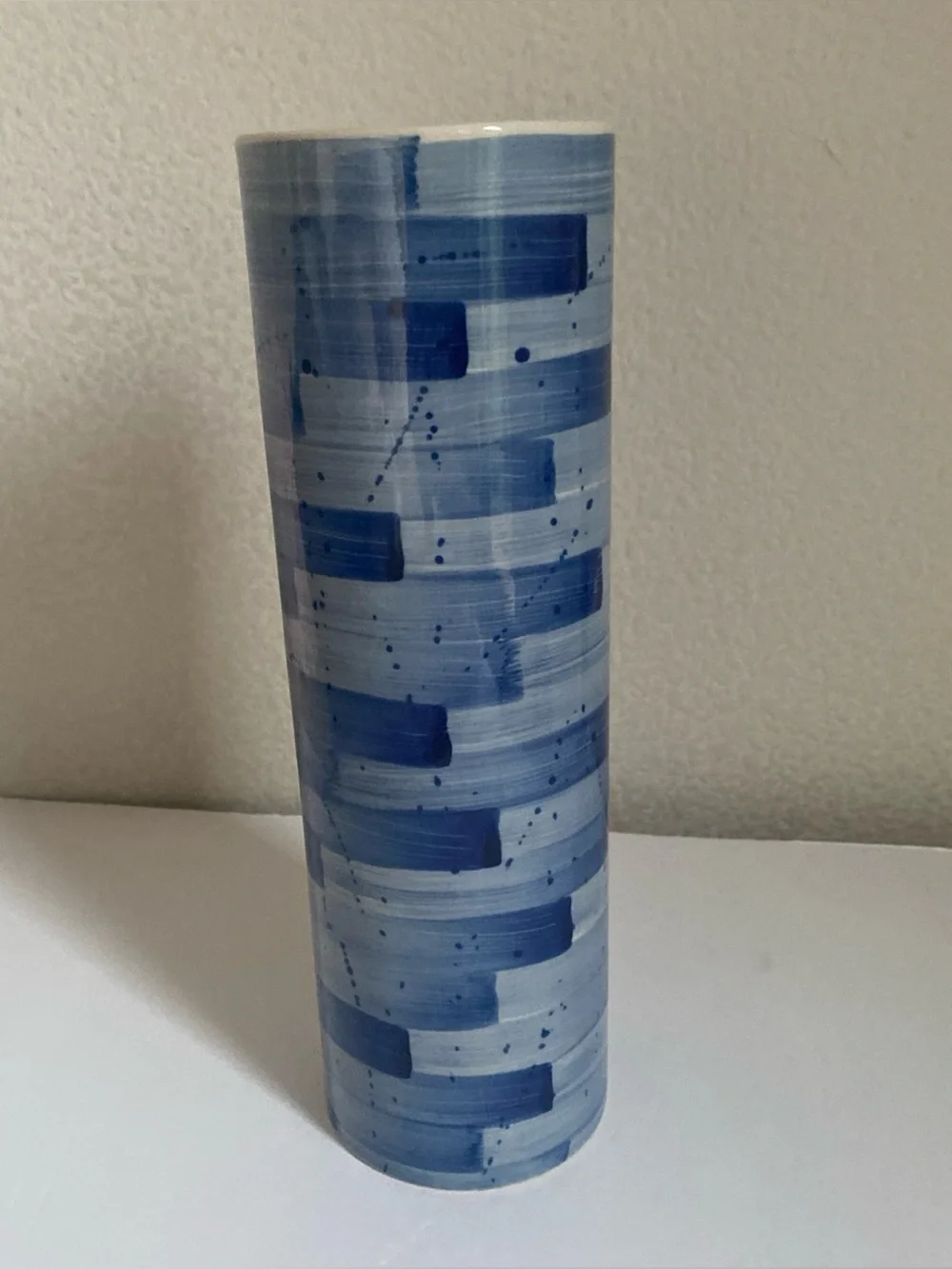 Lenox Blue Indigo Cylinder Vase 10” Painted Striped